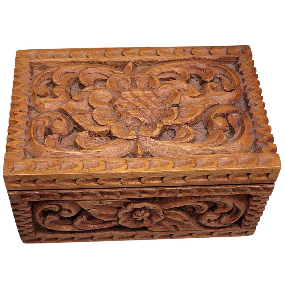 Hand Carved Wood Jewelry Trinket‎ Box Floral Scrollwork Pink Velvet Lined Vtg